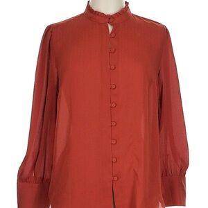 Ann Taylor Brown Puff Sleeve Mandarin Collar Blouse